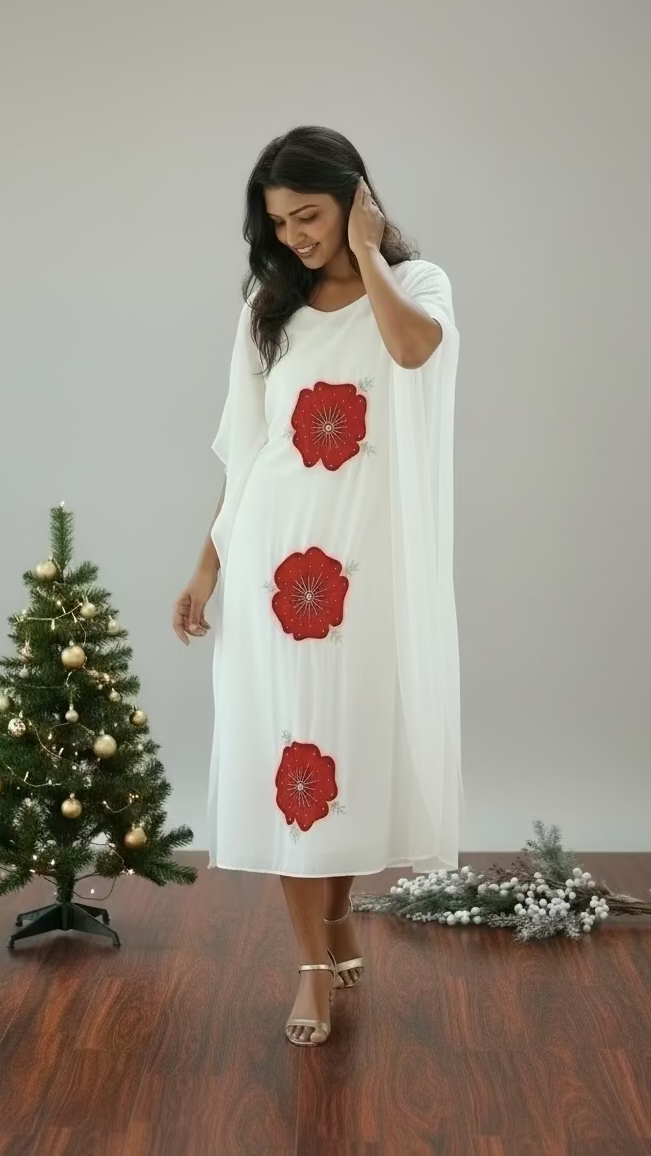 Kaftan- Red floral stone worked white kaftan