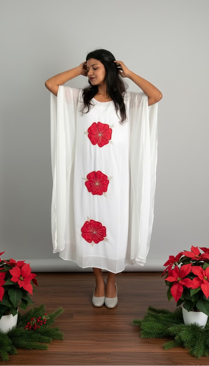 Kaftan- Red floral stone worked white kaftan