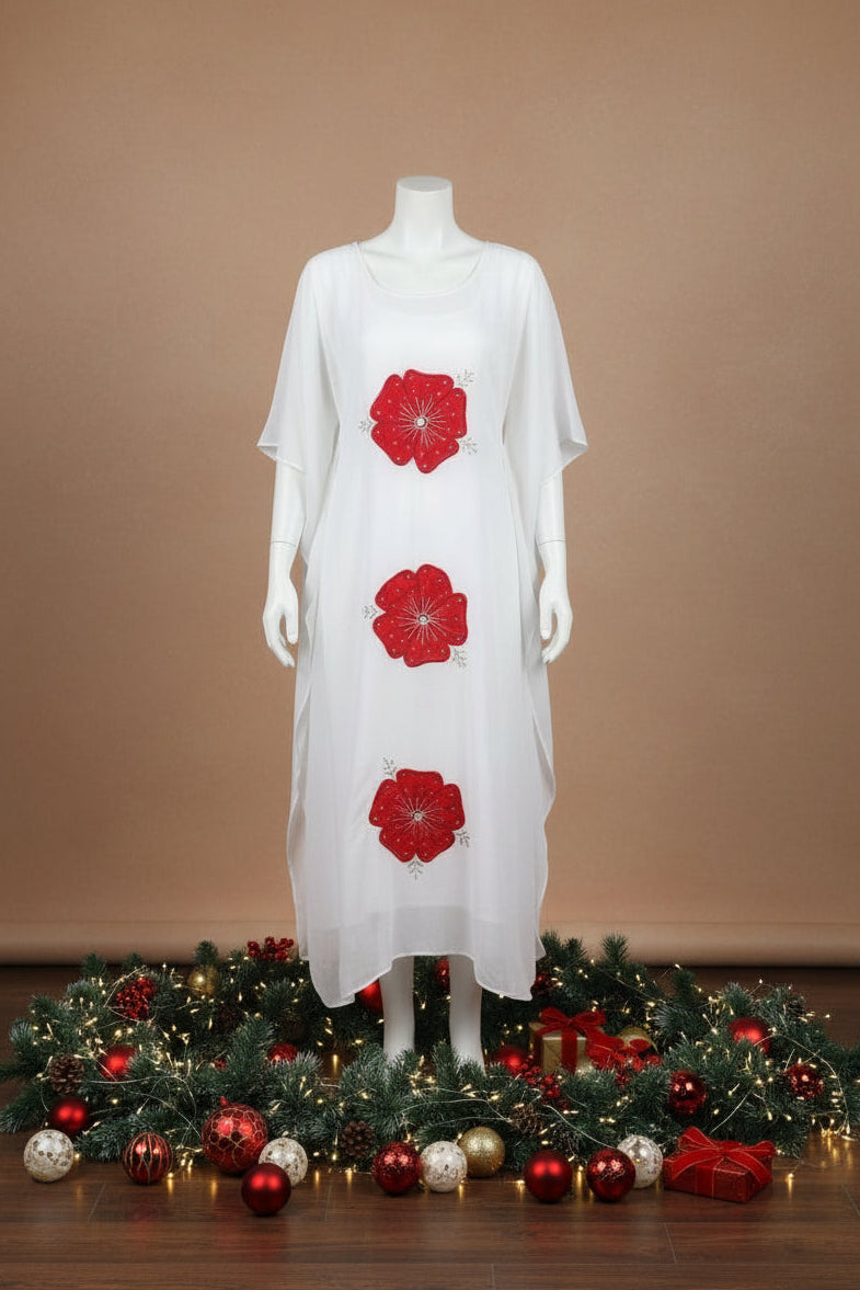 Kaftan- Red floral stone worked white kaftan