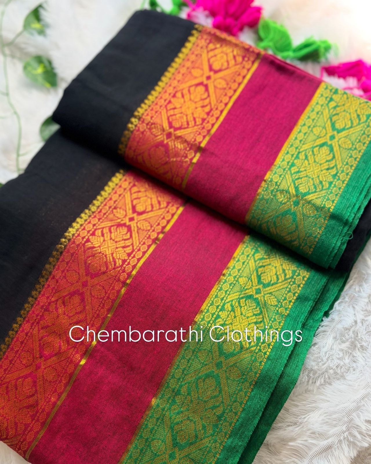 Premium Kanchi Mul Cotton Saree- Black with Kanchi borders