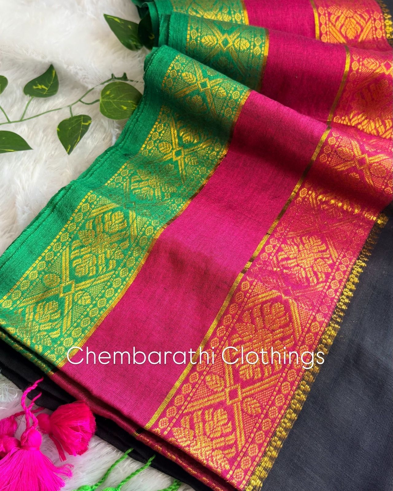 Premium Kanchi Mul Cotton Saree- Black with Kanchi borders