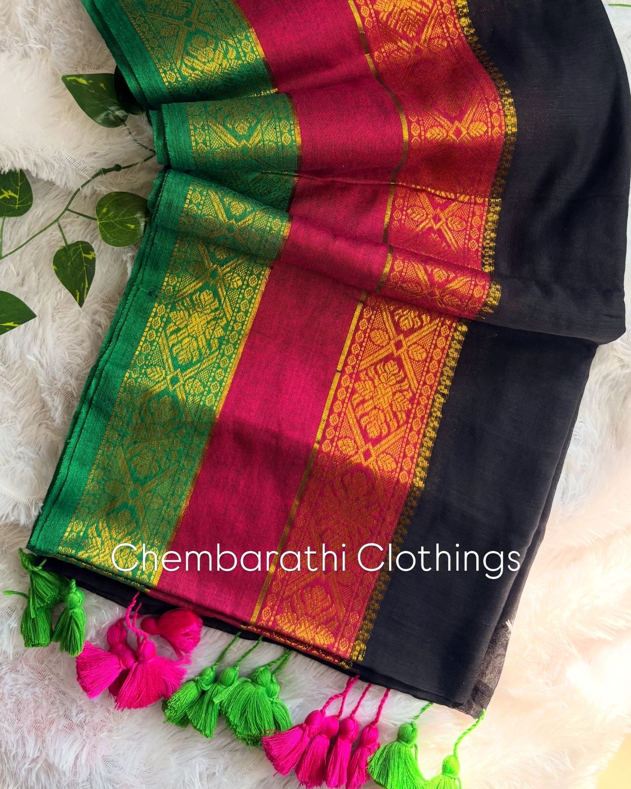 Premium Kanchi Mul Cotton Saree- Black with Kanchi borders