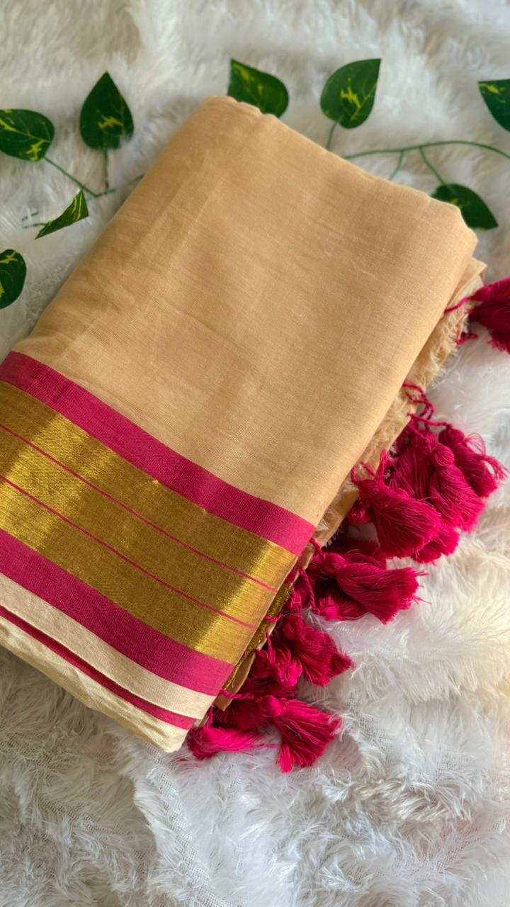Mul Cotton Rani Pink Border with Beige body