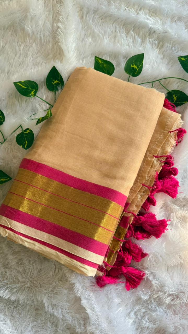 Mul Cotton Rani Pink Border with Beige body