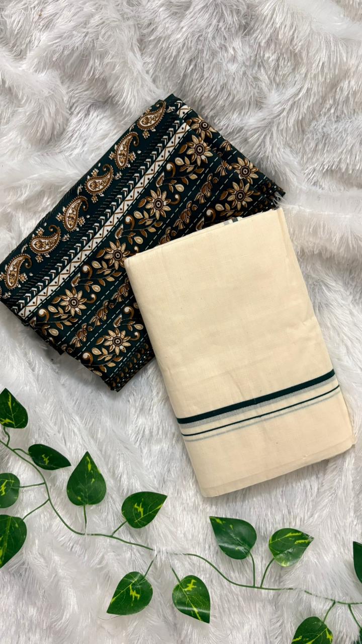 Puliyilakkara – Kerala Set Mundu with Green Border & Blouse