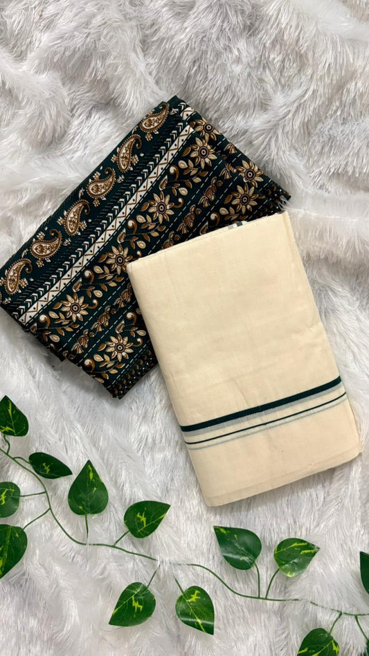 Puliyilakkara – Kerala Set Mundu with Green Border & Blouse