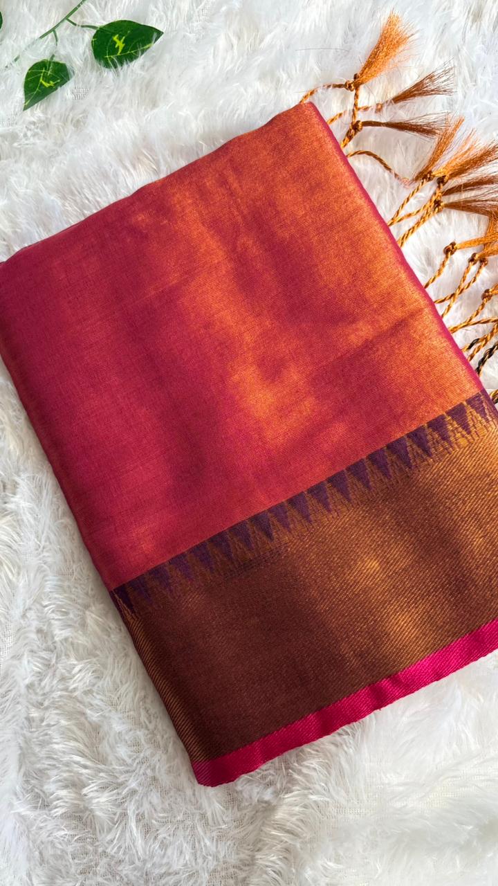Rani Pink & Rust Soft Tissue Silk Saree with Temple Border