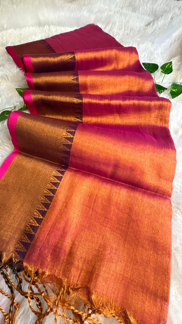 Rani Pink & Rust Soft Tissue Silk Saree with Temple Border