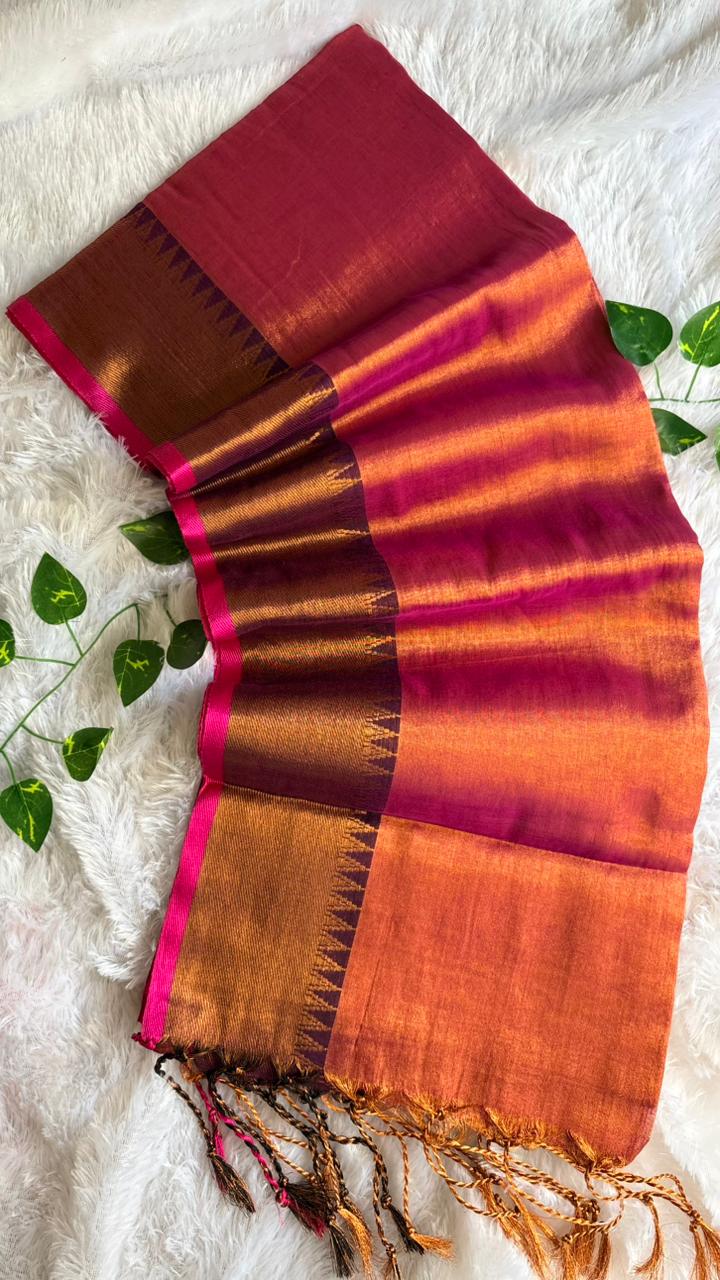 Rani Pink & Rust Soft Tissue Silk Saree with Temple Border