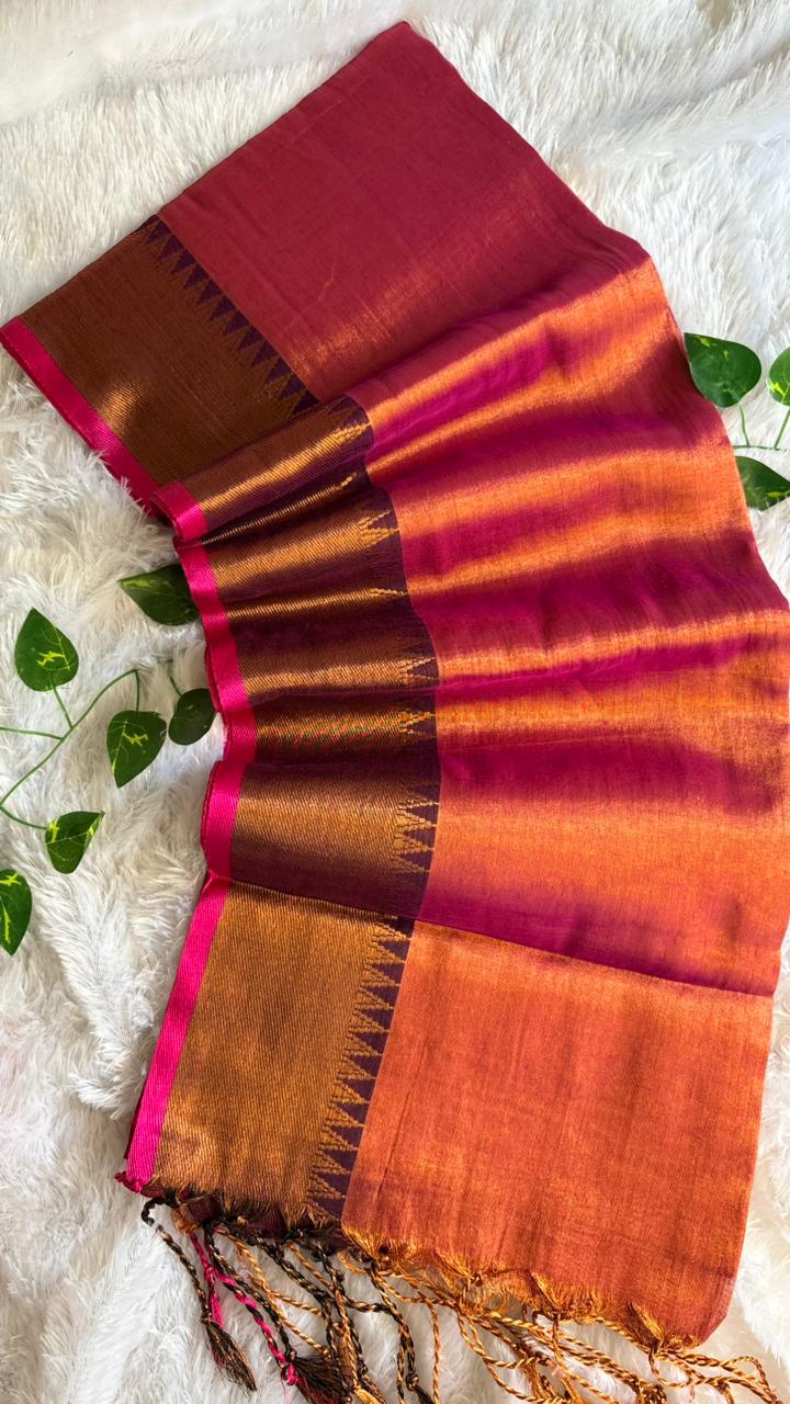 Rani Pink & Rust Soft Tissue Silk Saree with Temple Border