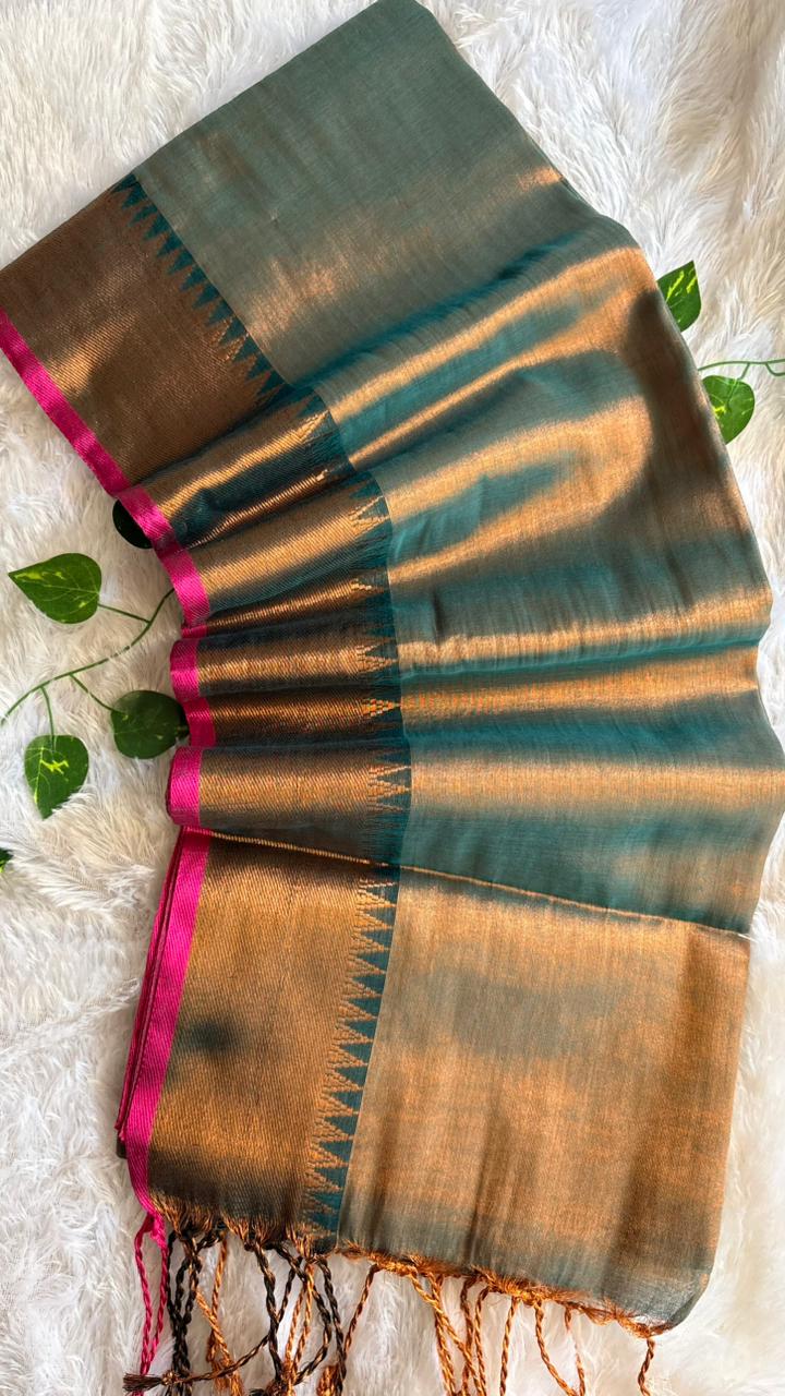 Peacock Blue Soft Tissue Silk Saree with Temple Border