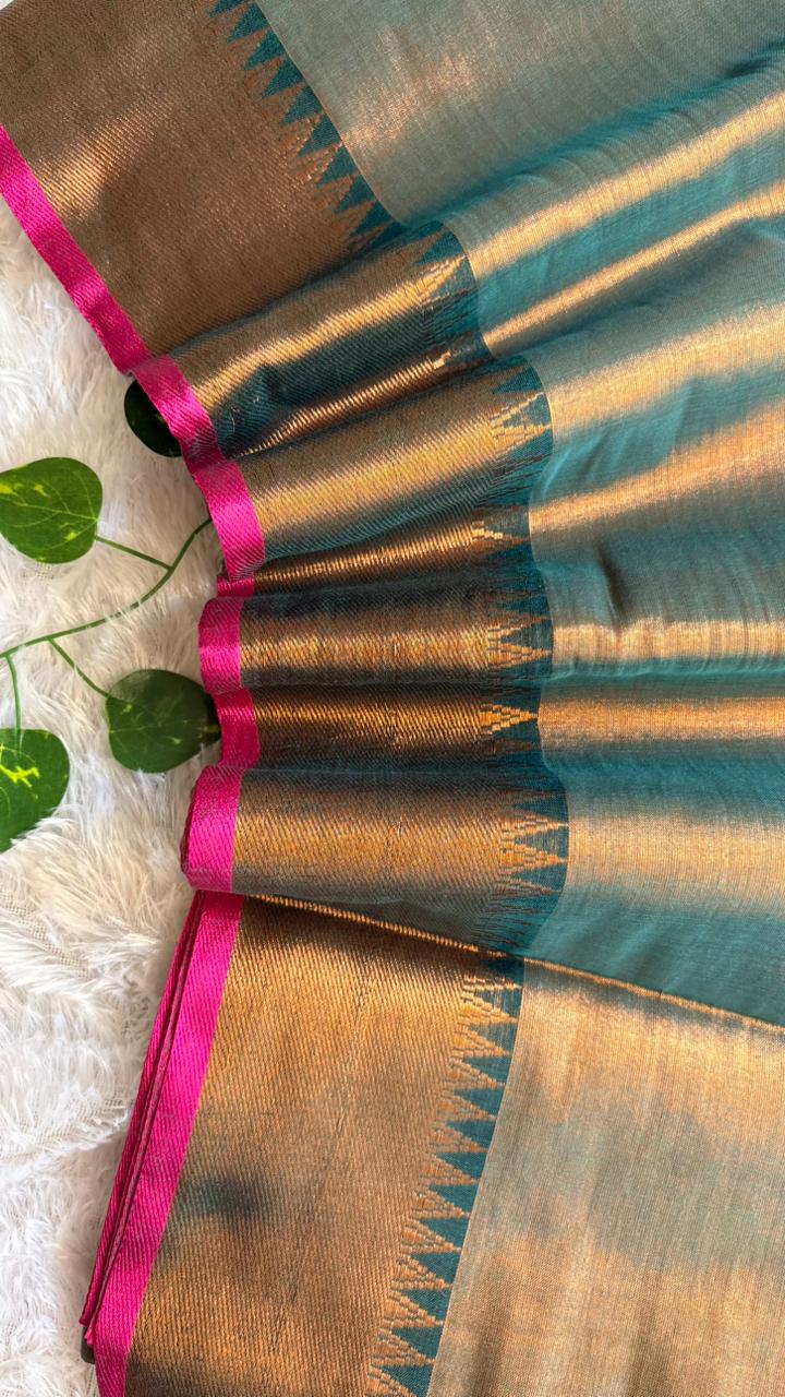 Peacock Blue Soft Tissue Silk Saree with Temple Border