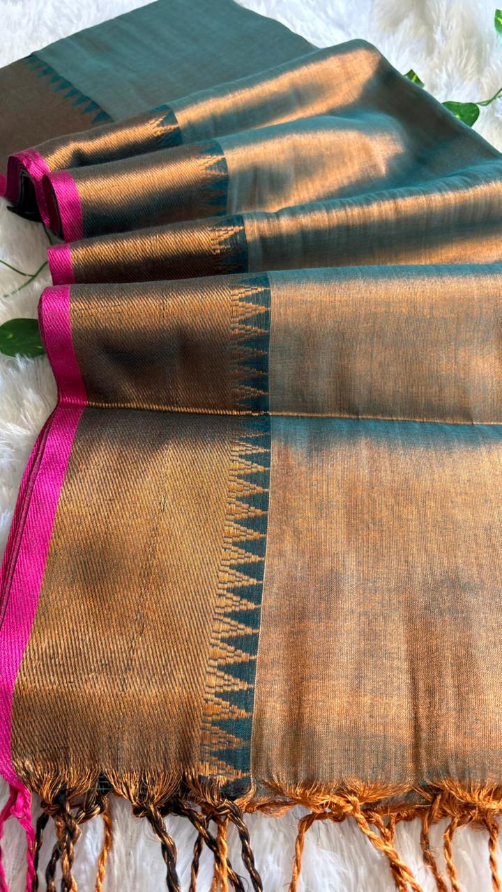 Peacock Blue Soft Tissue Silk Saree with Temple Border