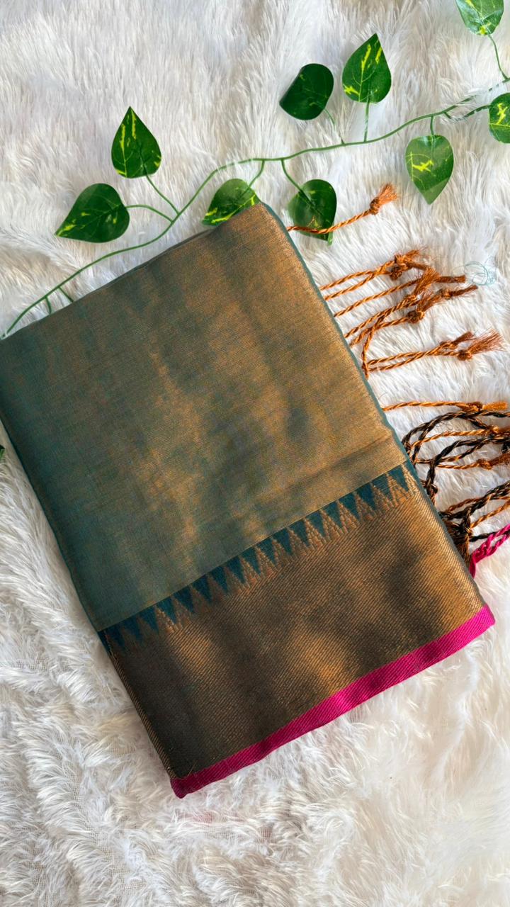 Peacock Blue Soft Tissue Silk Saree with Temple Border