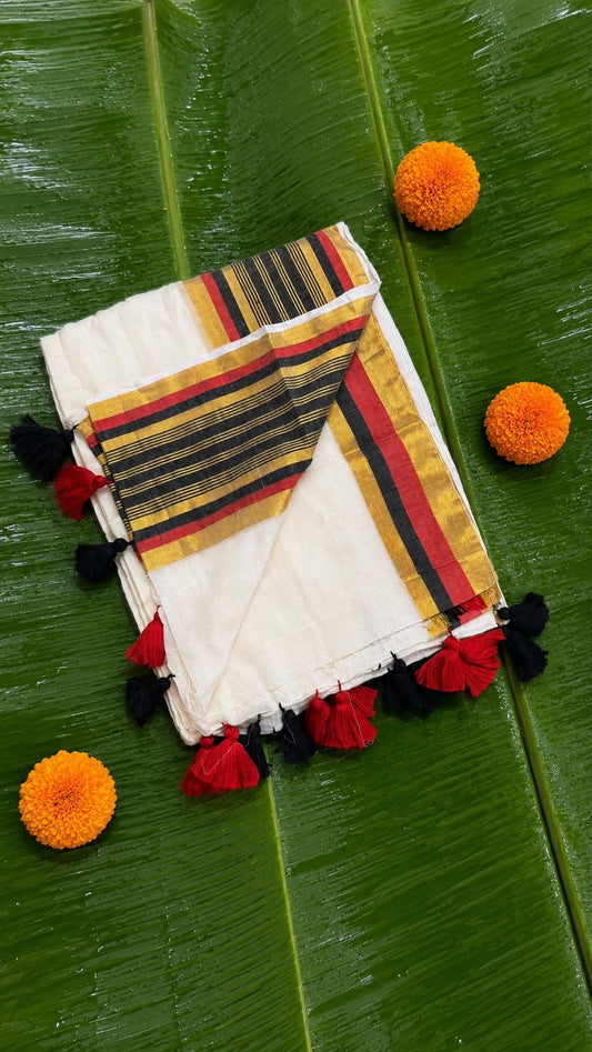 Charutha – Mul Cotton Saree with Red, Black & Golden Kasavu Striped Border