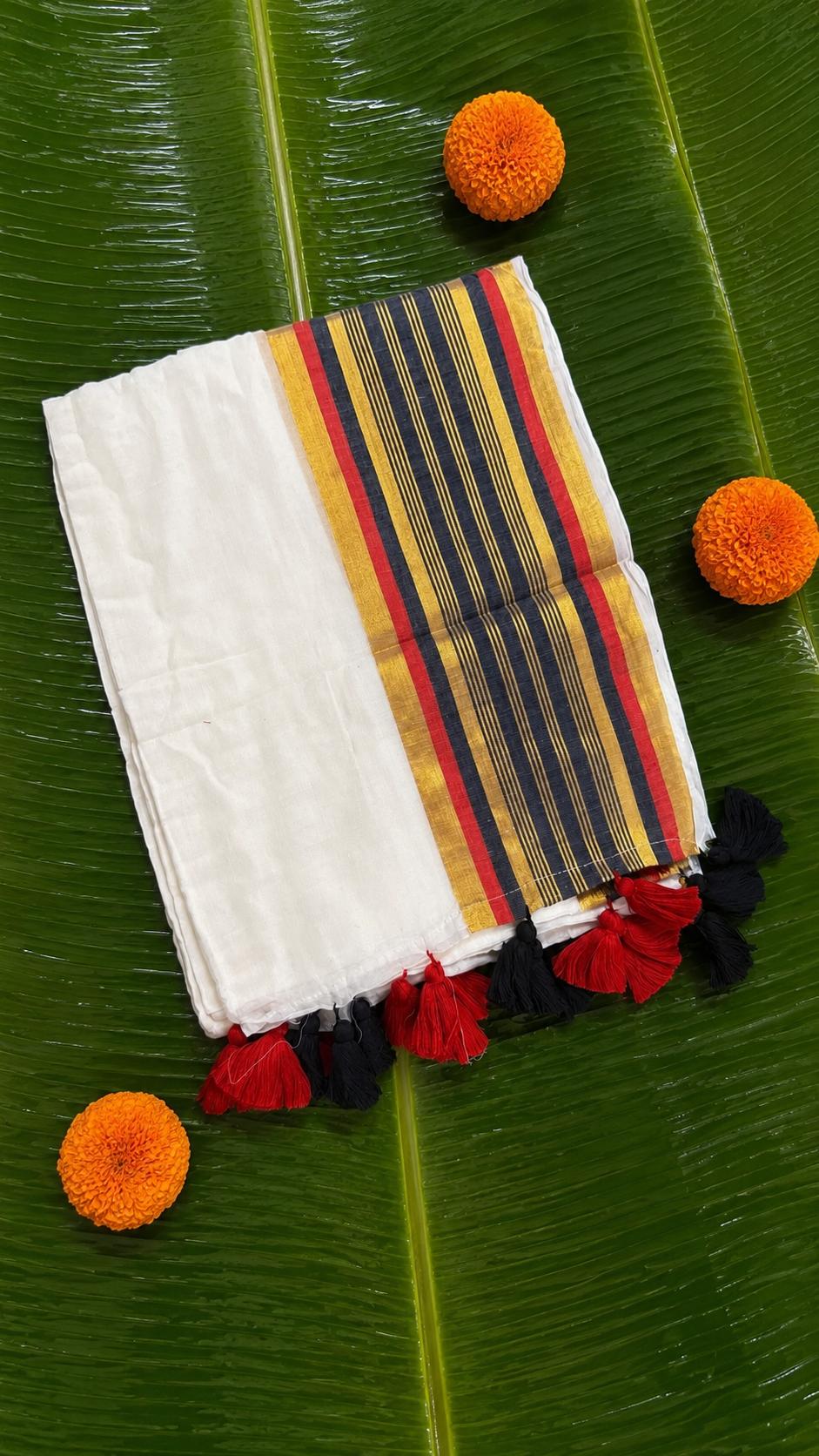 Charutha – Mul Cotton Saree with Red, Black & Golden Kasavu Striped Border