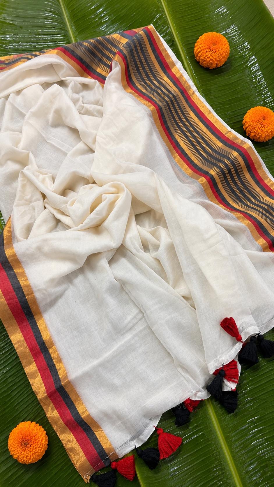 Charutha – Mul Cotton Saree with Red, Black & Golden Kasavu Striped Border