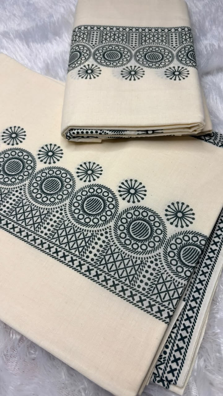 Marathagam – Kerala Set Mundu with Dark Green Printed Border & Blouse