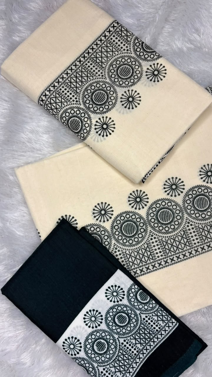Marathagam – Kerala Set Mundu with Dark Green Printed Border & Blouse