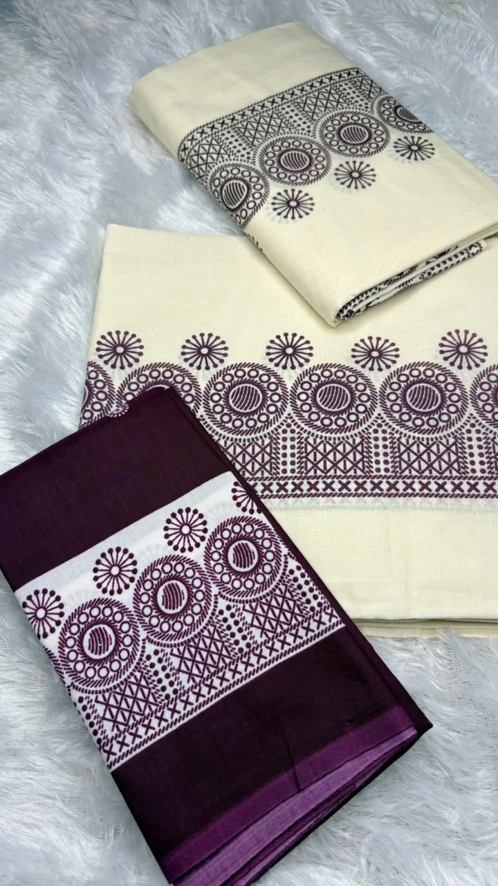 Priyambada – Kerala Set Mundu with Deep Purple Printed Border & Blouse