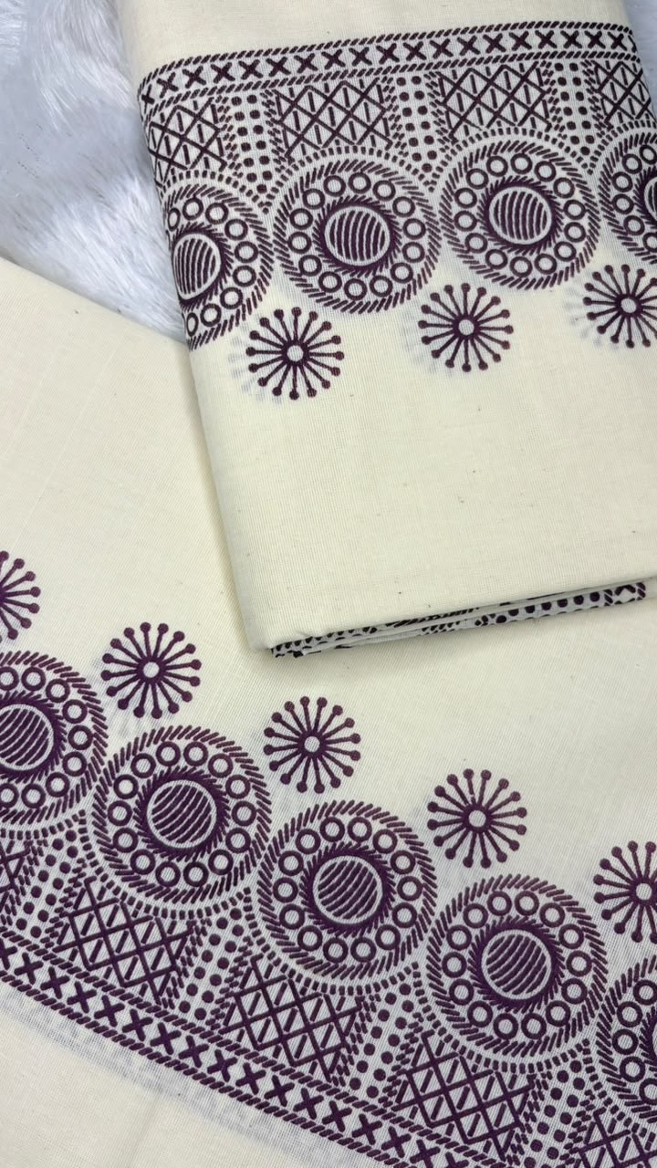 Priyambada – Kerala Set Mundu with Deep Purple Printed Border & Blouse