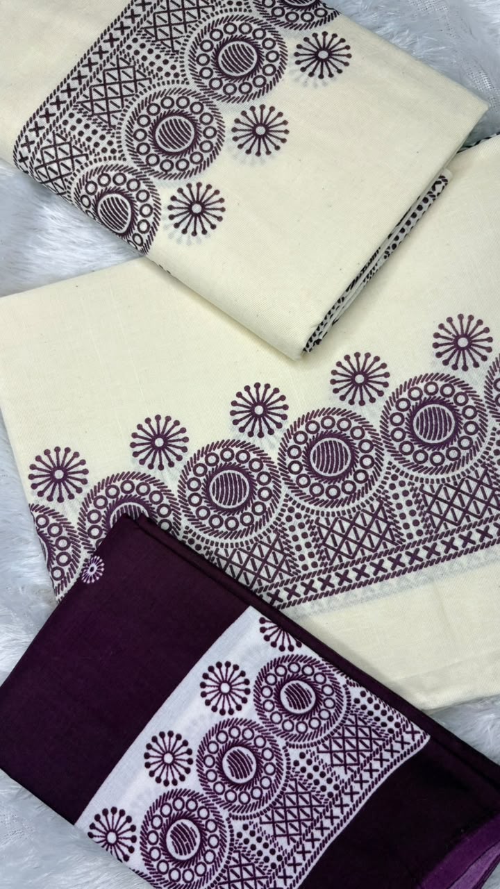 Priyambada – Kerala Set Mundu with Deep Purple Printed Border & Blouse