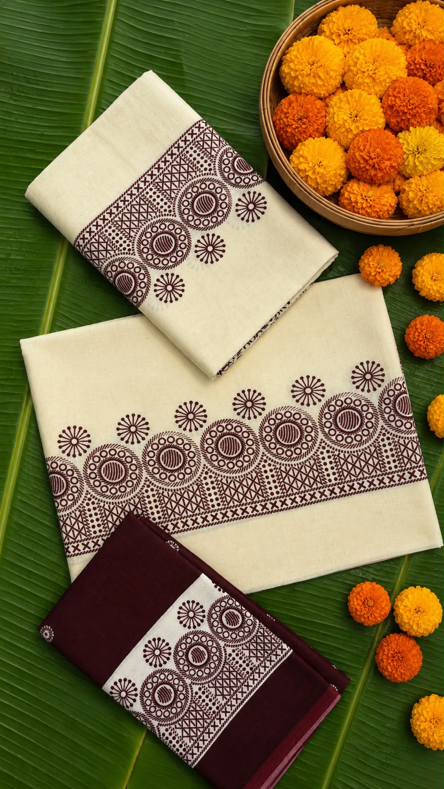 Madhuri – Kerala Set Mundu with Maroon Printed Border & Blouse