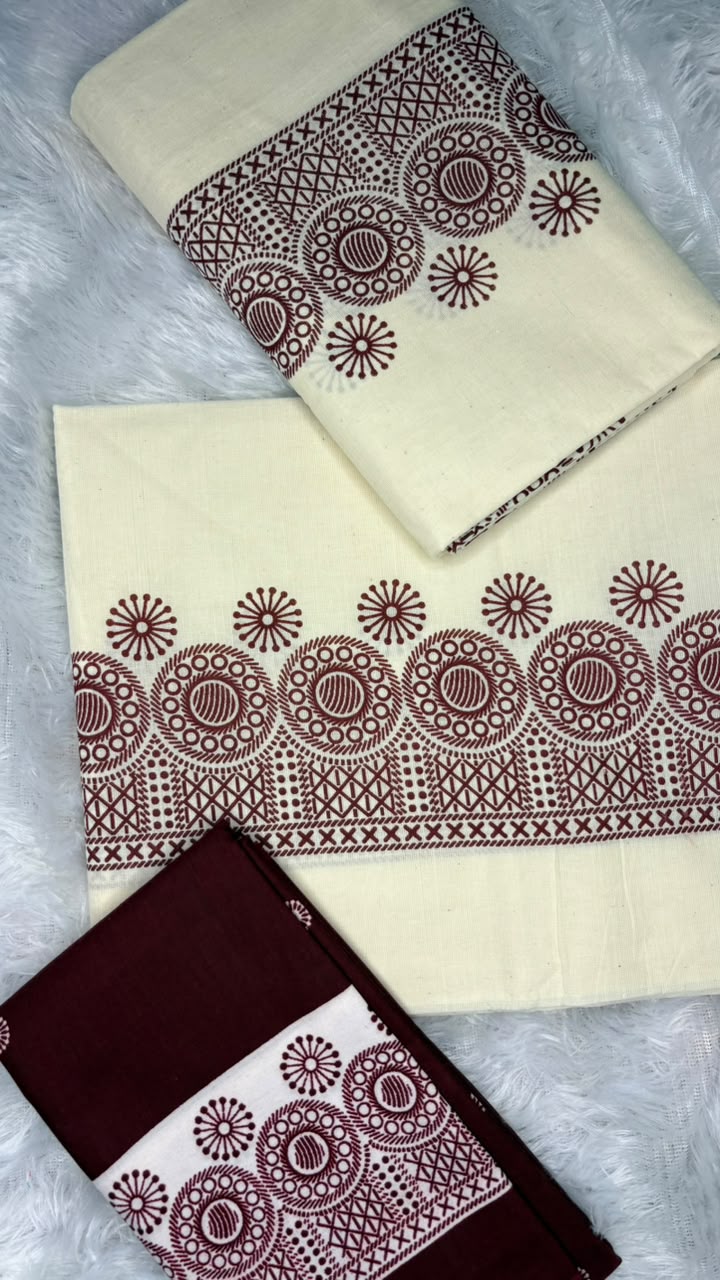 Madhuri – Kerala Set Mundu with Maroon Printed Border & Blouse