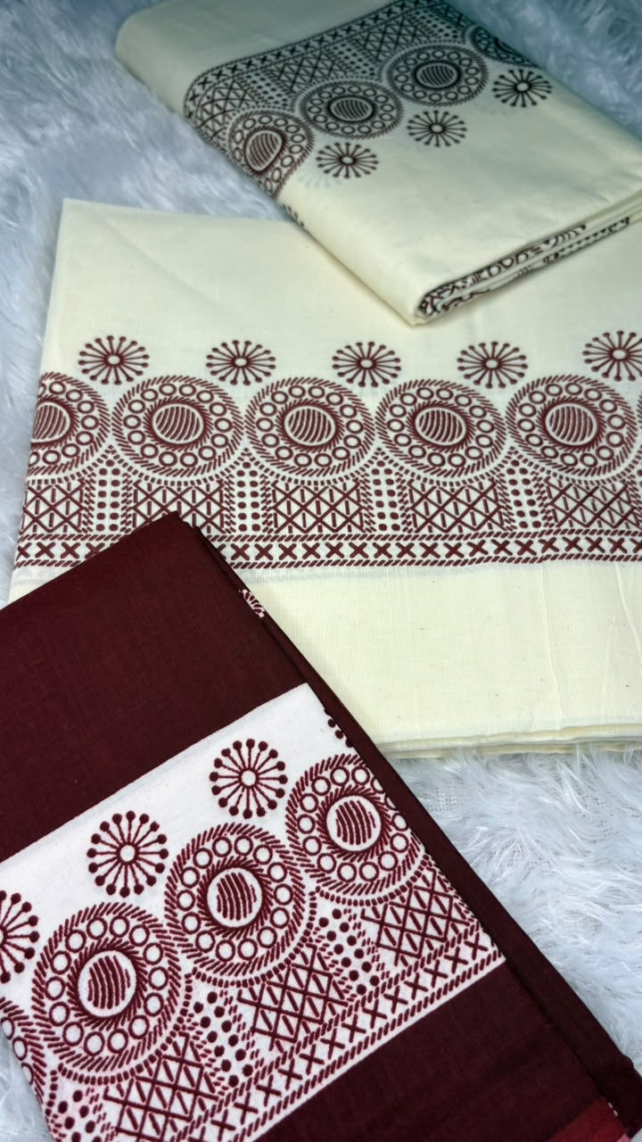Madhuri – Kerala Set Mundu with Maroon Printed Border & Blouse