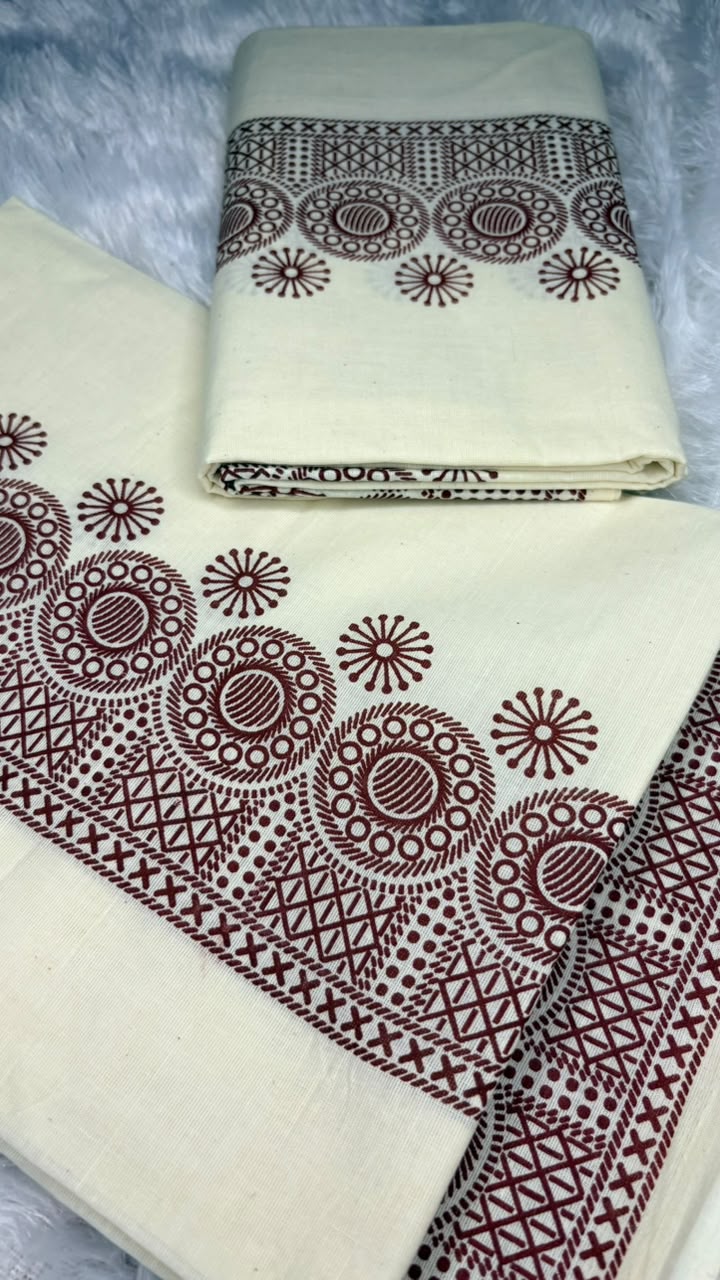 Madhuri – Kerala Set Mundu with Maroon Printed Border & Blouse