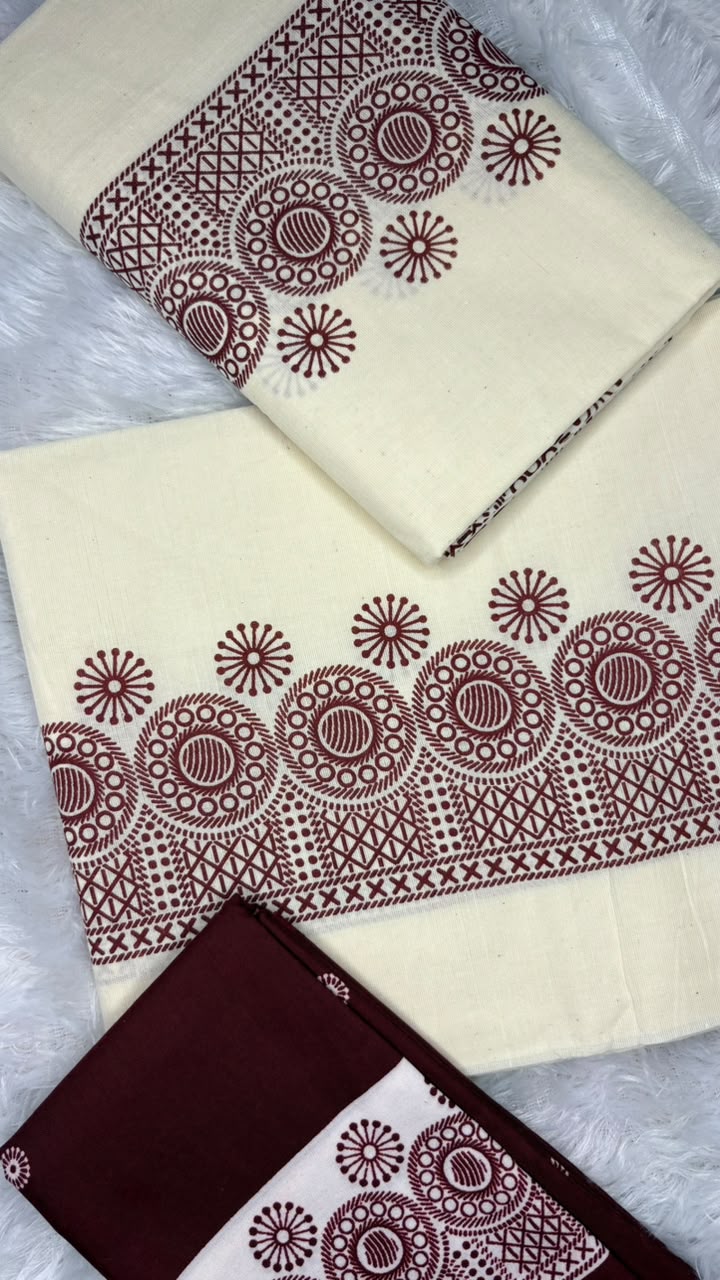 Madhuri – Kerala Set Mundu with Maroon Printed Border & Blouse