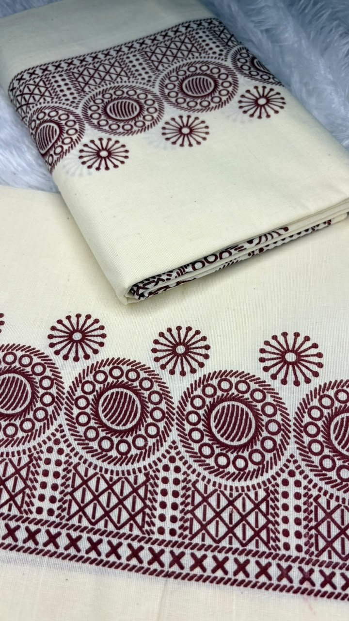 Madhuri – Kerala Set Mundu with Maroon Printed Border & Blouse