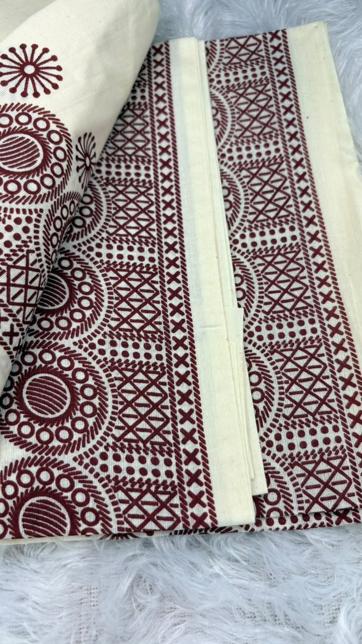 Madhuri – Kerala Set Mundu with Maroon Printed Border & Blouse