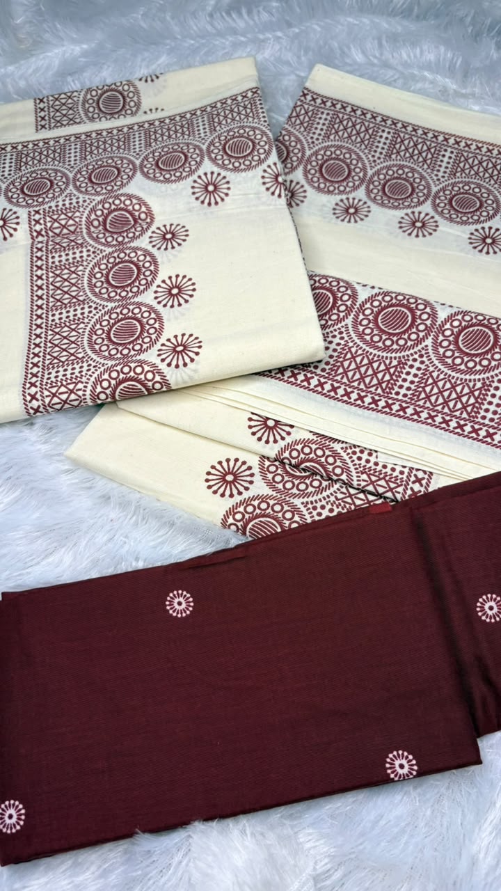 Madhuri – Kerala Set Mundu with Maroon Printed Border & Blouse