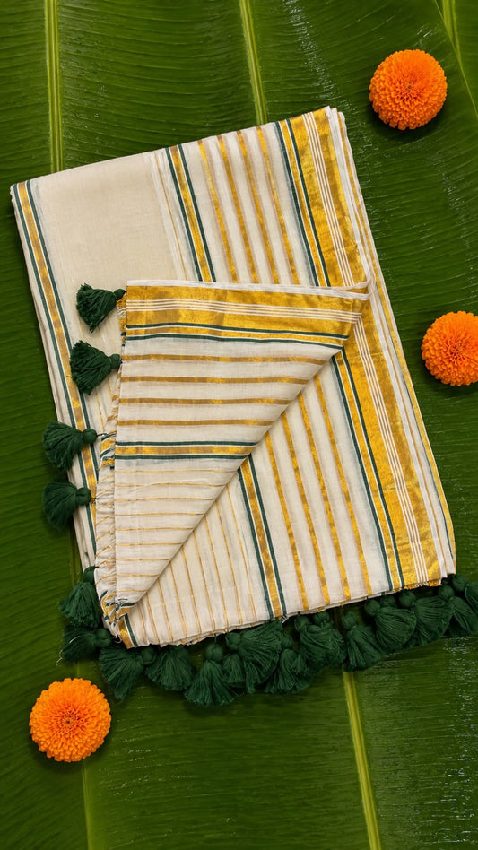 Kasavani – Mul Cotton Saree with Green & Golden Kasavu stripes with tussels