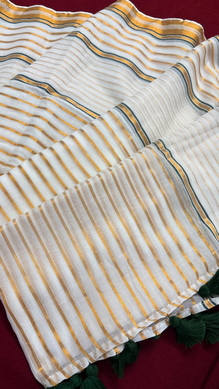 Kasavani – Mul Cotton Saree with Green & Golden Kasavu stripes with tussels
