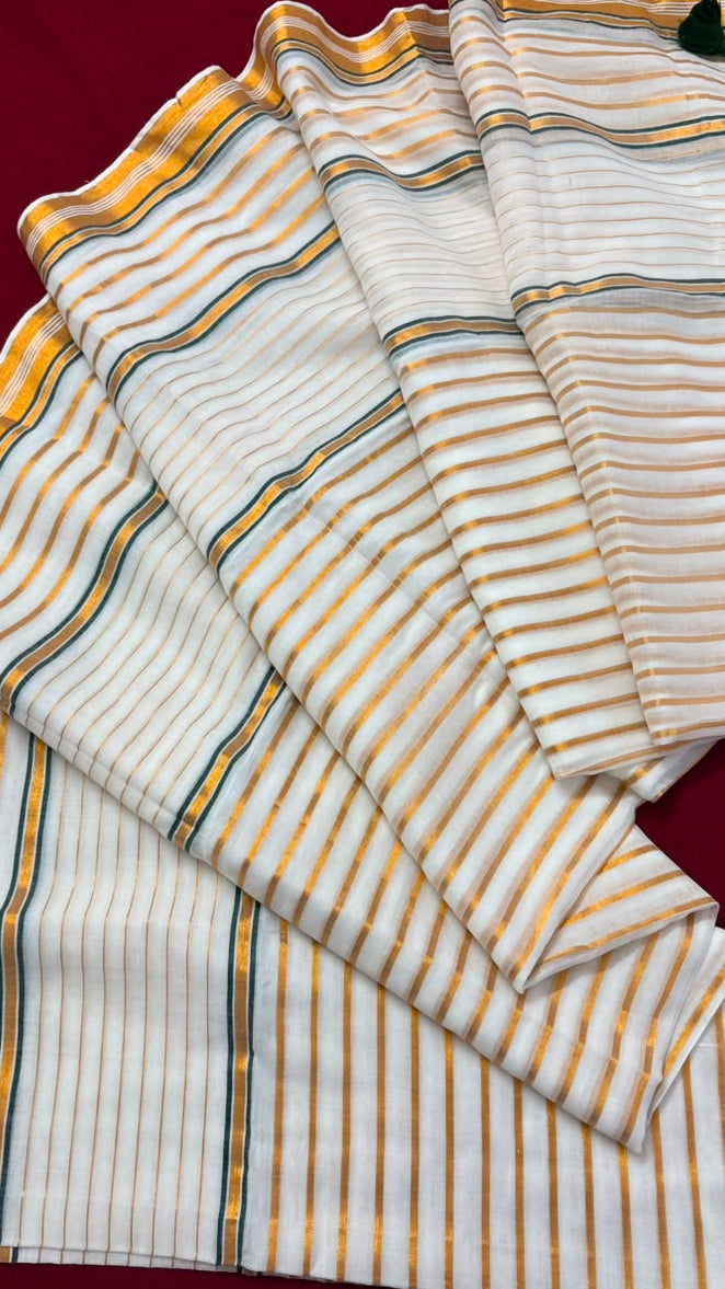 Kasavani – Mul Cotton Saree with Green & Golden Kasavu stripes with tussels