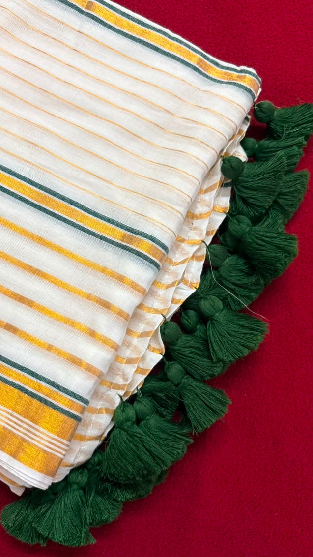 Kasavani – Mul Cotton Saree with Green & Golden Kasavu stripes with tussels