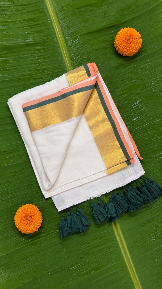 Poomkodi – Mul Cotton Saree with Peach, Green & Golden Kasavu Border