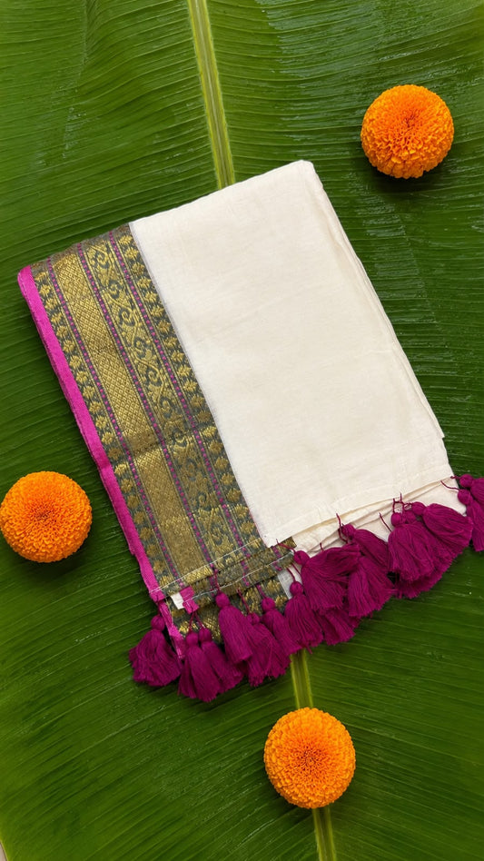 Shalabham – Off-White Mul Cotton Saree with Purple border and Tassels