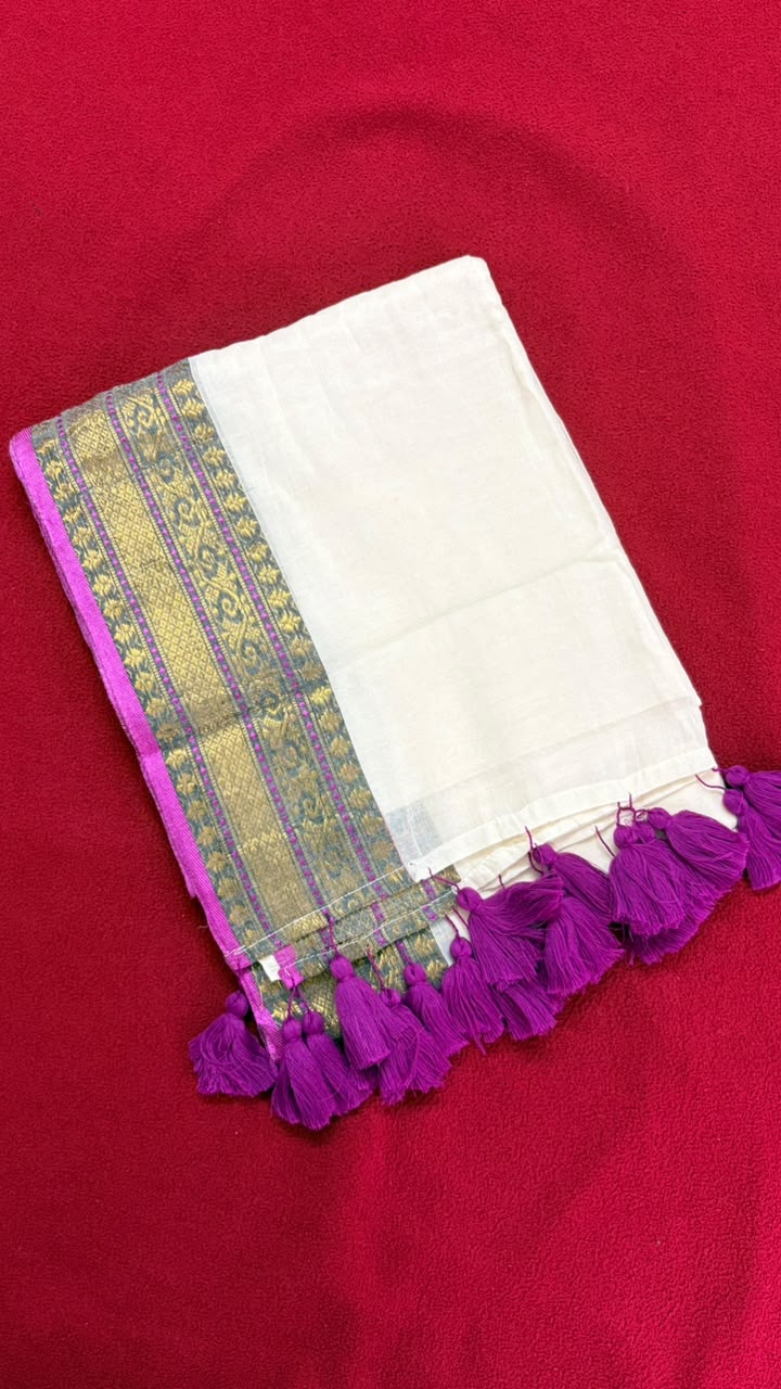 Shalabham – Off-White Mul Cotton Saree with Purple border and Tassels