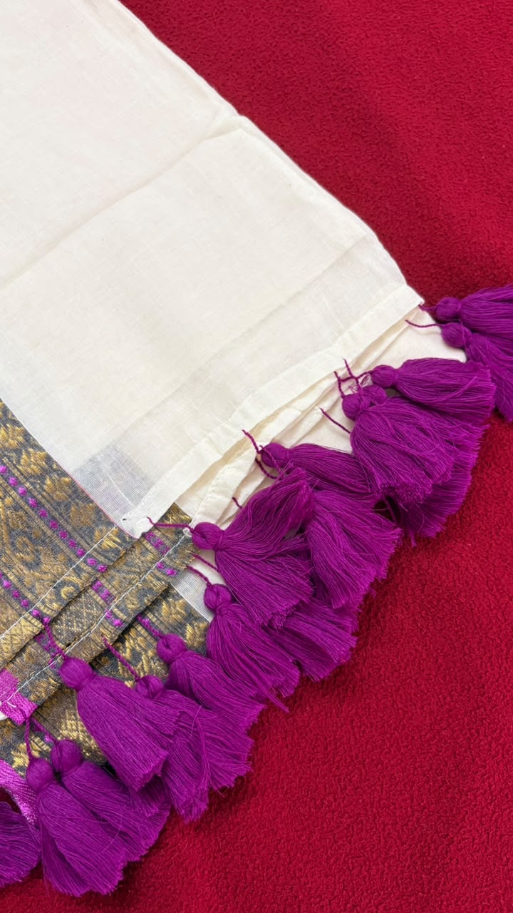 Shalabham – Off-White Mul Cotton Saree with Purple border and Tassels