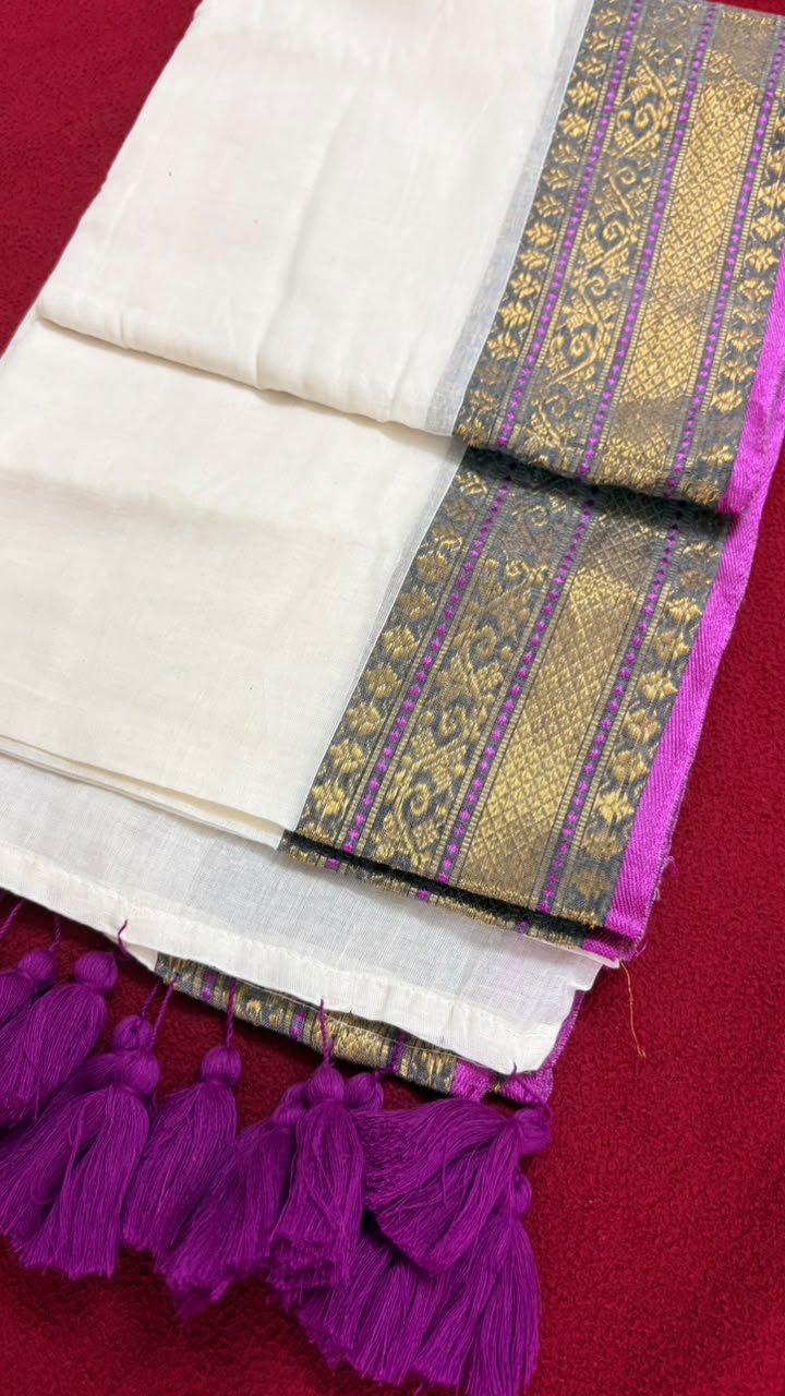 Shalabham – Off-White Mul Cotton Saree with Purple border and Tassels