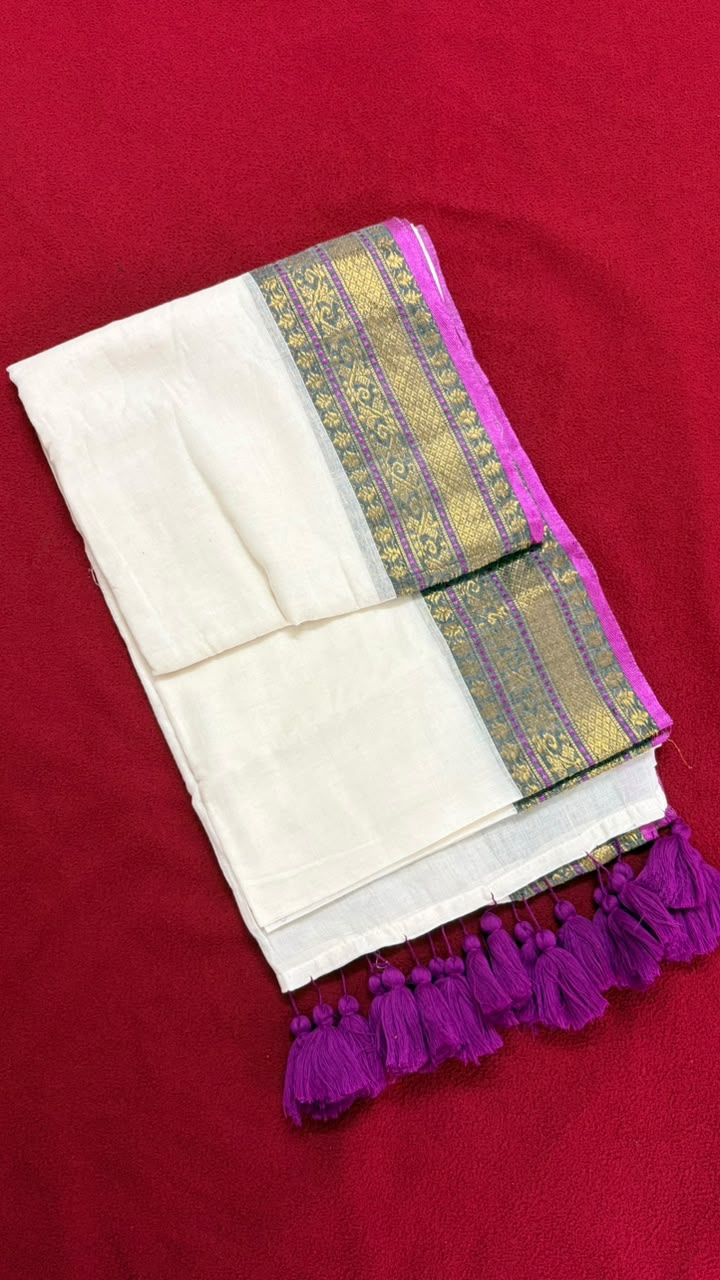 Shalabham – Off-White Mul Cotton Saree with Purple border and Tassels