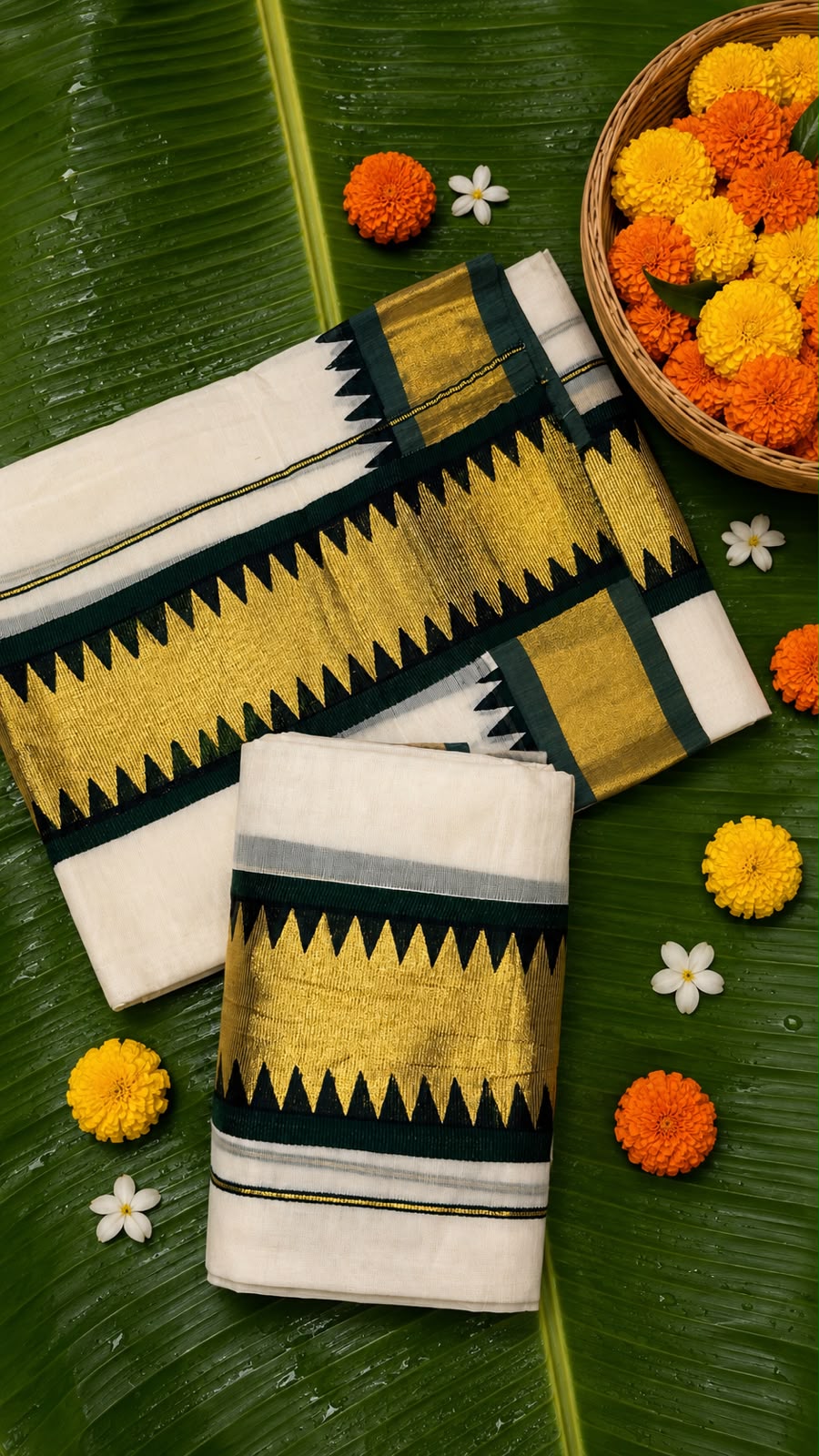 Kavyanjali – Kerala Set Mundu with Bottle Green & Gold Zari Temple Border