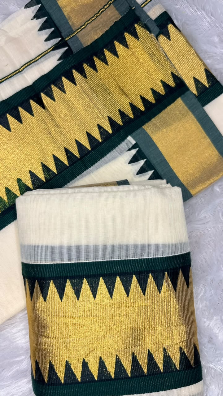 Kavyanjali – Kerala Set Mundu with Bottle Green & Gold Zari Temple Border
