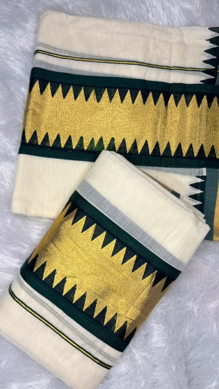 Kavyanjali – Kerala Set Mundu with Bottle Green & Gold Zari Temple Border