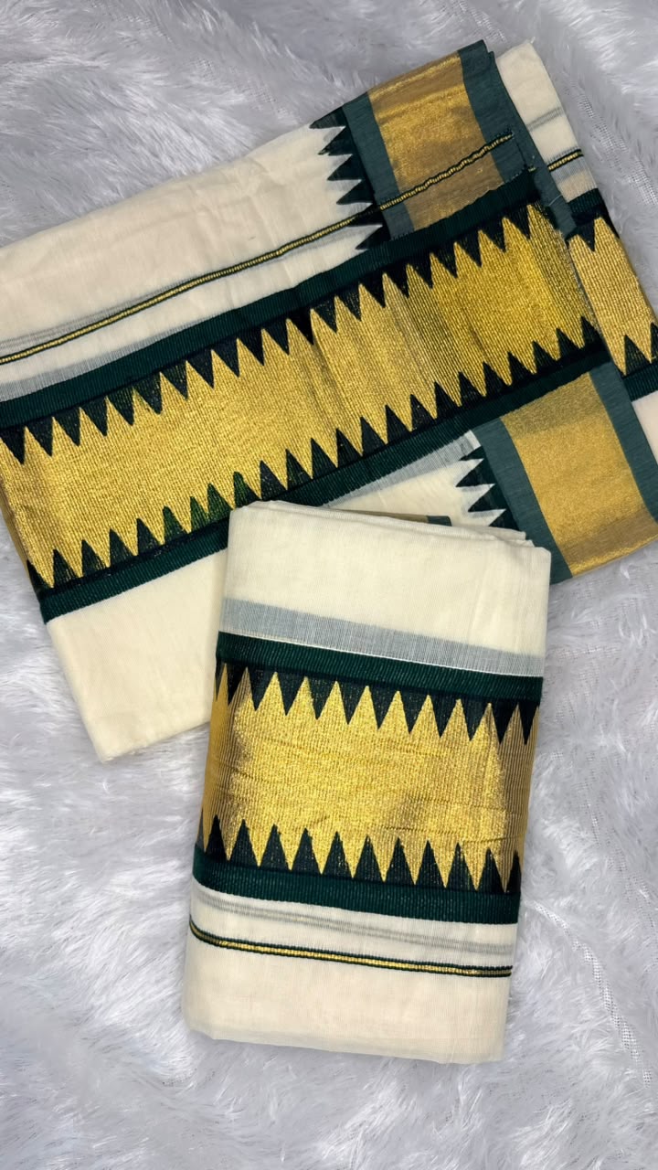Kavyanjali – Kerala Set Mundu with Bottle Green & Gold Zari Temple Border