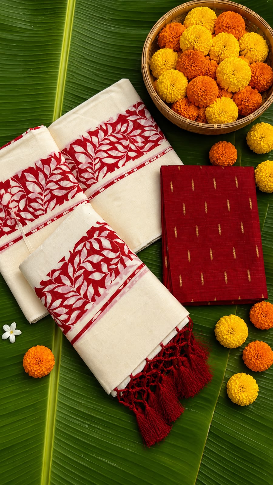 Maithili – Kerala Set Mundu with Red Leaf Motif Border & Blouse