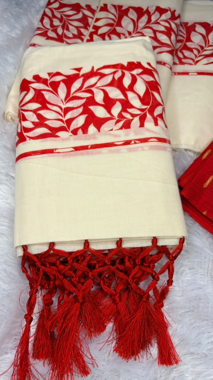 Maithili – Kerala Set Mundu with Red Leaf Motif Border & Blouse